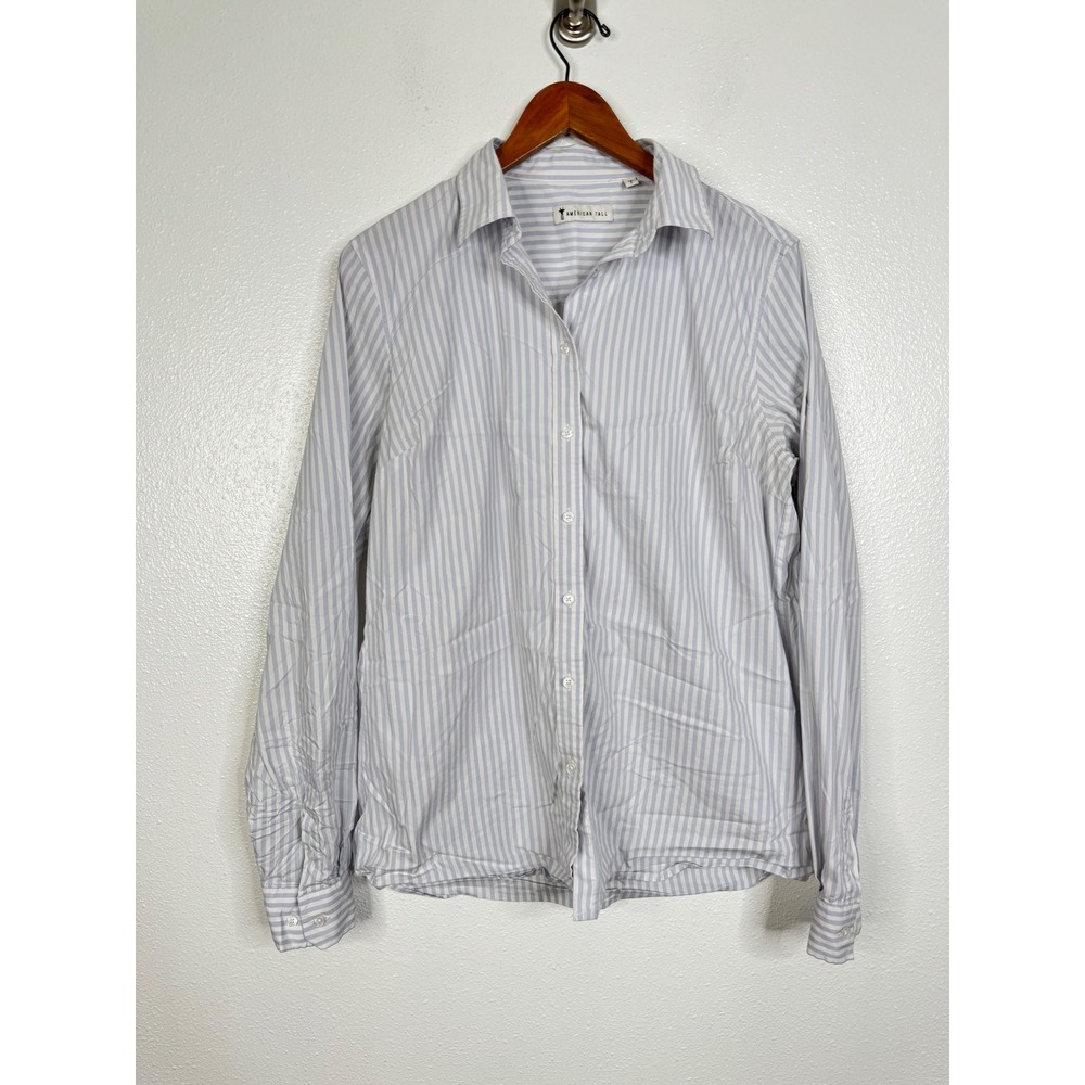 American‎ Tall Womens Button Down Shirt Blue White Striped Long Sleeve Size 14 T